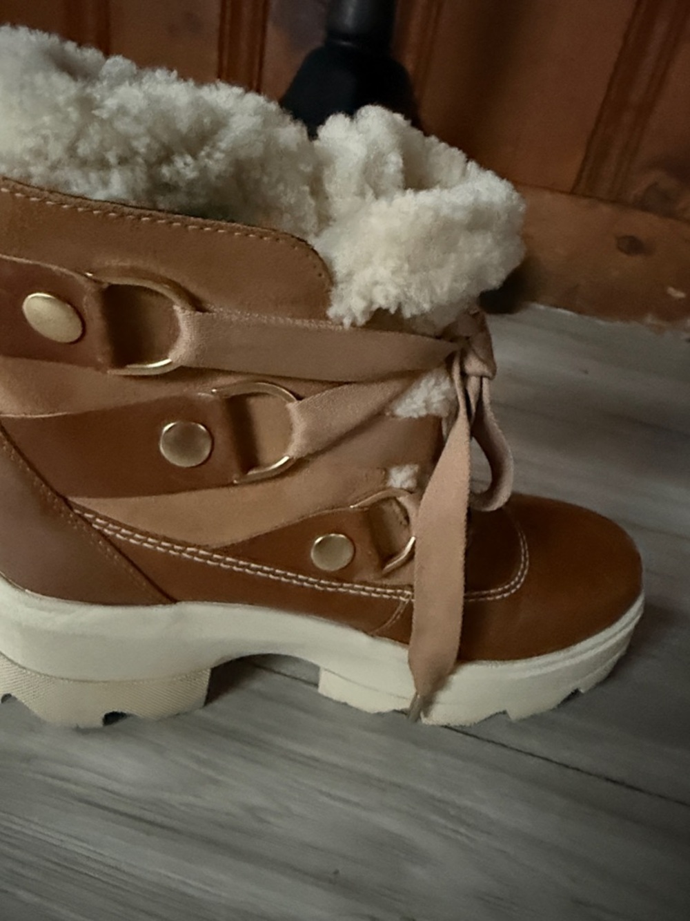 Sorel Brown Tan Platform Shearling-Trim Lace-Up Winter Boots - Picture 3 of 5